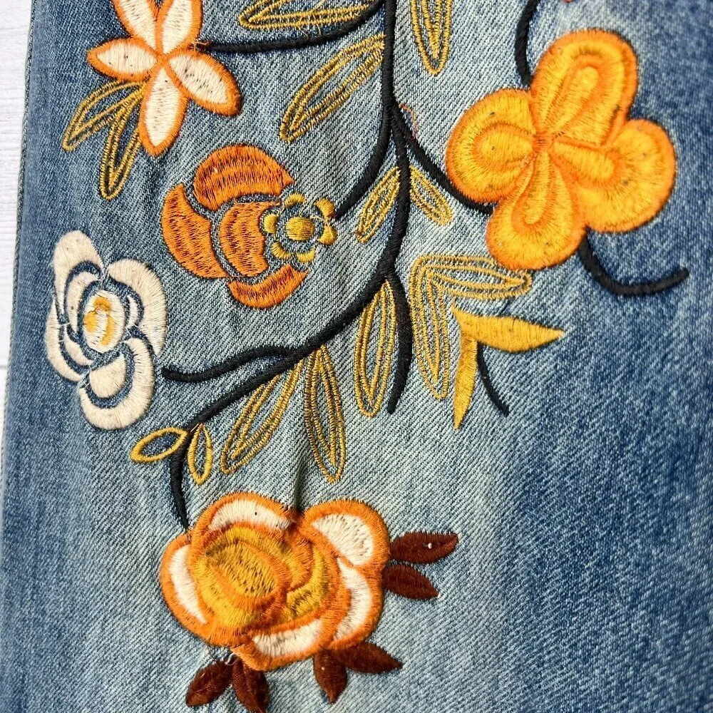 Sandrine Rose Jeans Womens Size 25 Floral Embroidered Wide Leg 100% Cotton